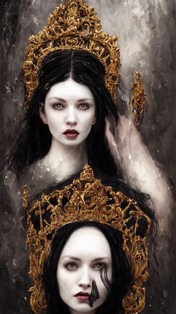 Image similar to a beautiful black haired woman with pale skin and a crown on her head sitted on an intricate metal throne, intimidating woman, large black eyes, high forehead, smooth pale skin, ethereal skin, ominous, eldritch. oil painting by nuri iyem, james gurney, james jean, greg rutkowski, highly detailed, soft lighting, chiaroscuro