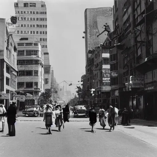 Prompt: a 1950s black and white photograph of a city street, people walking, aliens and monsters destroying buildings