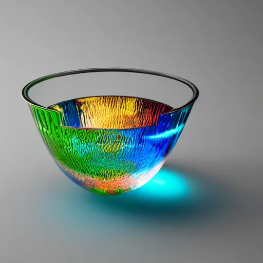 Prompt: glass art bowl, colorful glass art, caustics, beautiful lighting, museum piece, style of flavie audi, 3 d rendering, octane rendering, highly detailed, epic