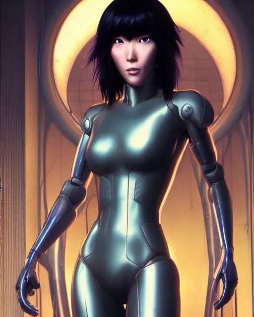 Image similar to weta disney pixar movie still portrait photo of motoko kusanagi ghost in the shell : : as cyborg woman by pixar : : by weta, wlop, ilya kuvshinov, rossdraws, artgerm, marvel, maxim cover, latex, octane render, sweaty, iridescent, bright morning, anime, liosh, mucha : :