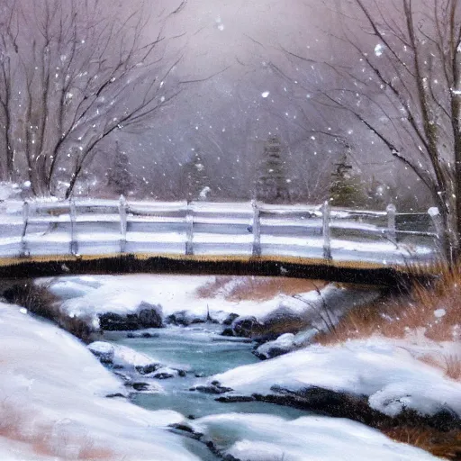 Image similar to Stone bridge over brook, pastoral scene. Winter, fresh snow. Oil on canvas, award winning