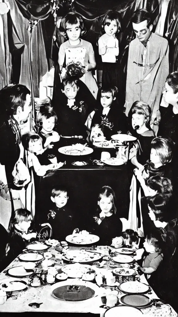 Image similar to occult satanic food ritual, family photo, 1 9 6 0 s, kodachrome