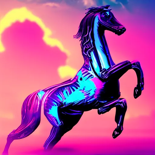 Image similar to A synthwave horse inspired by Tron. Trending on Artstation. Digital screenshot. Faded film grain. 1980s Computer Graphics.