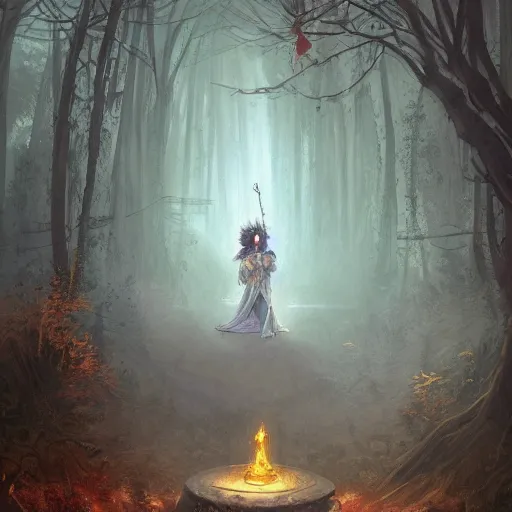 Prompt: d & d character art, detailed digital illustration of a corgi sorceress wearing intricate robes, holding a staff, casting a spell, in a misty forest, beautiful, mystical, greg rutkowski, trending on artstation