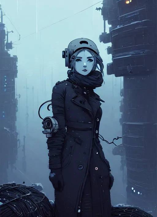 Image similar to highly detailed portrait of a moody frostpunk long blonde hair lady with droid companion, stray wiring by atey ghailan, james gilleard, by joe fenton, by greg rutkowski, by greg tocchini, by kaethe butcher, 4 k resolution, gradient blue, black and white color scheme!!! ( ( glaciated dystopian city background ) )