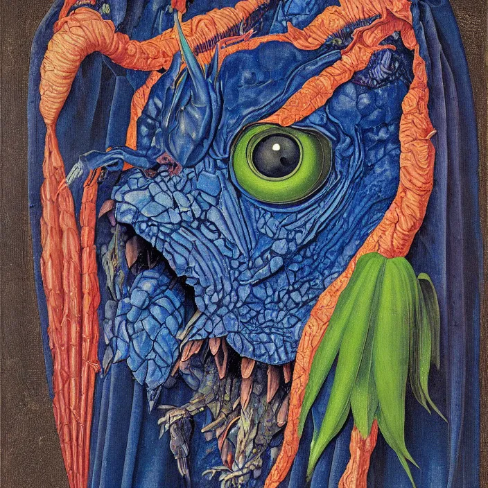 Image similar to close up portrait of a mutant monster creature with colorful exotic indigo iris eyes, crystal teeth, mantis composure. by jan van eyck, audubon