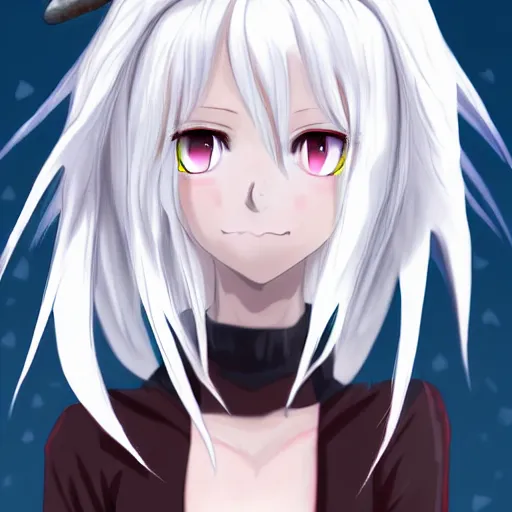 Image similar to white hair red eyes two small horn on the head anime style anime girl