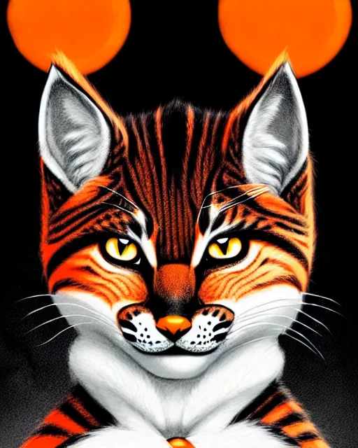 Prompt: artgerm, jeehyung lee comic cover art, bobcat! with orange fur, symmetrical eyes, symmetrical face, white shirt with red exclamation point logo!!!, dark castle background, cinematic lighting