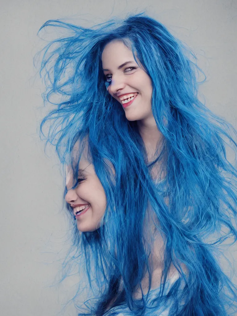 Prompt: Portrait of a woman with blue hair and smiling, ultra-realistic,