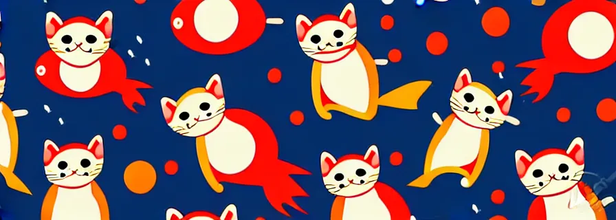 Prompt: pattern with cats in astronaut suits and fish figures, mild colors, black background, blood drops splashed on canvas