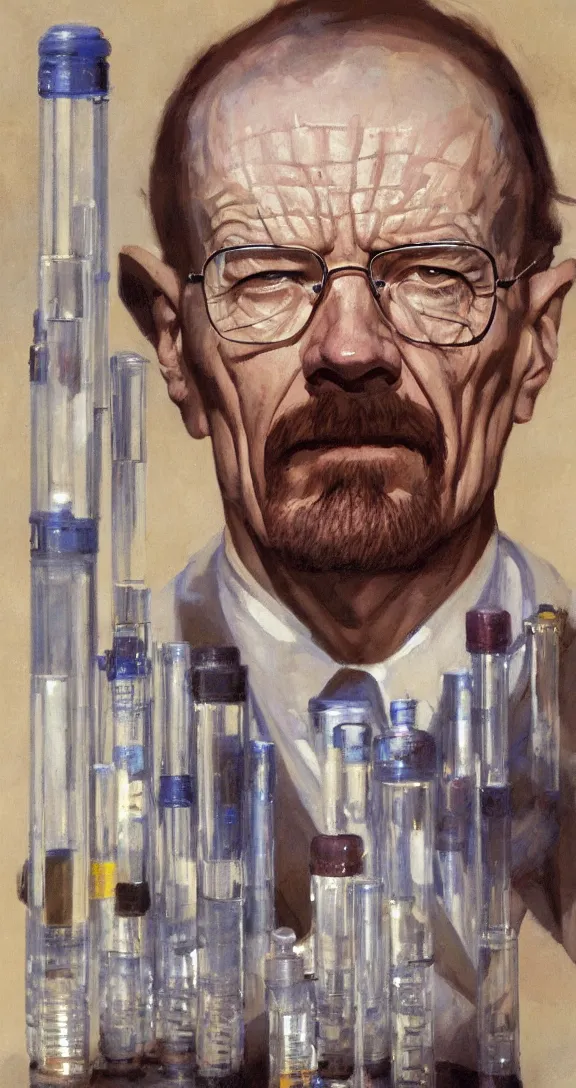 Prompt: a highly detailed beautiful portrait of walter white surrounded by test tubes, by gregory manchess, james gurney, james jean