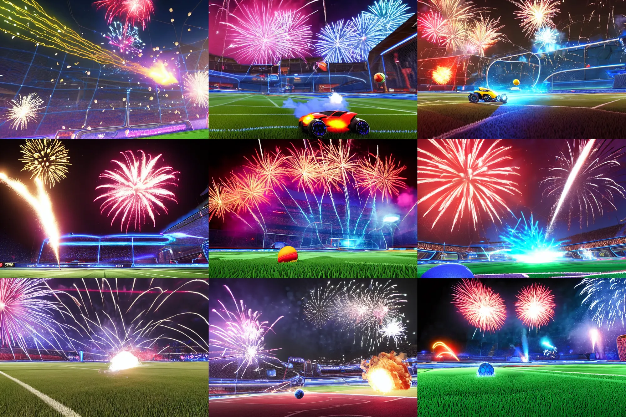 Image similar to rocket league explosion, ball bounce, epic angle, fireworks, 2 0 0 mm