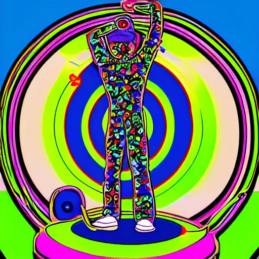 Image similar to svg sticker of a Dancing-Alex-Grey-Psychedelic-Rave-Man, at a rave, spinning records, giant headphones rocking out, wearing headphones, huge speakers, dancing, rave, DJ, spinning records, digital art, amazing composition, rule-of-thirds, award-winning, trending on artstation, featured on deviantart