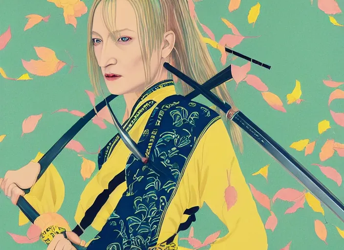 Image similar to breathtaking detailed pattern pastel colors, action scene from kill bill, with uma thurman ( kill bill ) in yellow kimono, swinging katana sword and autumn leaves, by hsiao - ron cheng, exquisite detail, enhanced eye detail