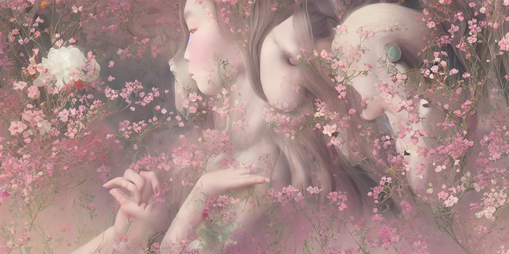 Image similar to breathtaking delicate detailed concept art painting pattern blend of flowers and girls, by hsiao - ron cheng, bizarre compositions, exquisite detail, pastel colors, 8 k