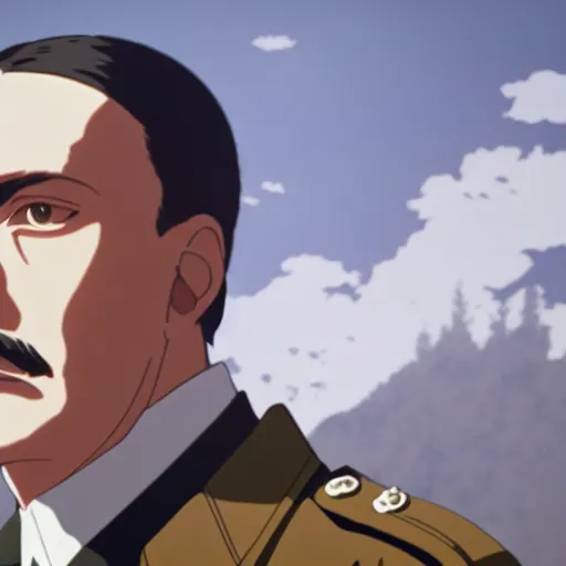 Image similar to a film still portrait of hitler, medium shot, finely detailed features, cinematic lighting, anime key visual, trending on pixiv fanbox, painted by makoto shinkai, studio ghibli, greg rutkowski, wlop