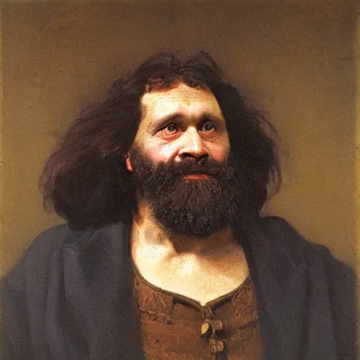 Prompt: portrait of a neanderthal man in 1 9 th century english clothing, in the style of lord frederick leighton, frank dicksee, oil on canvas, 1 8 8 0