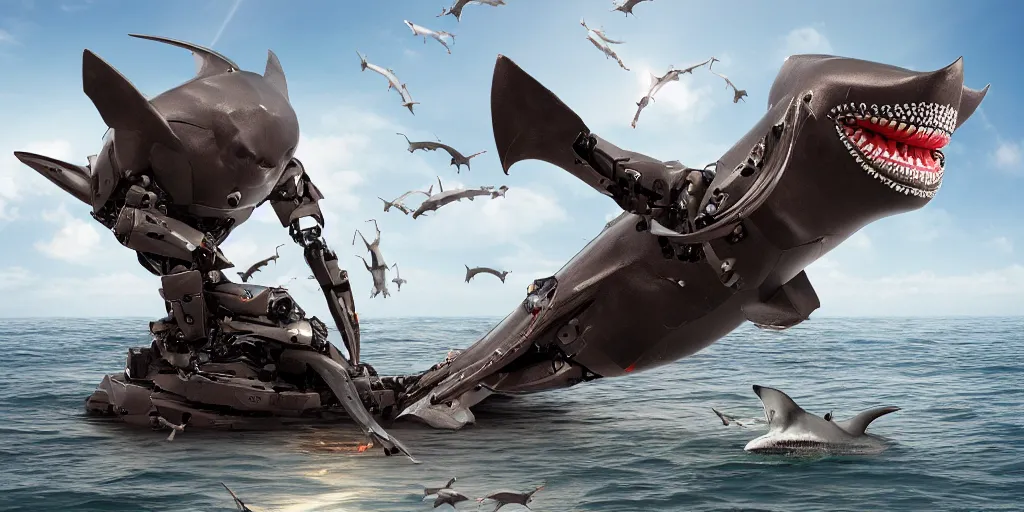 Prompt: very powerful shark and whale mystical statue robot, highly detailed, 8 k, masterpiece, super resolution.