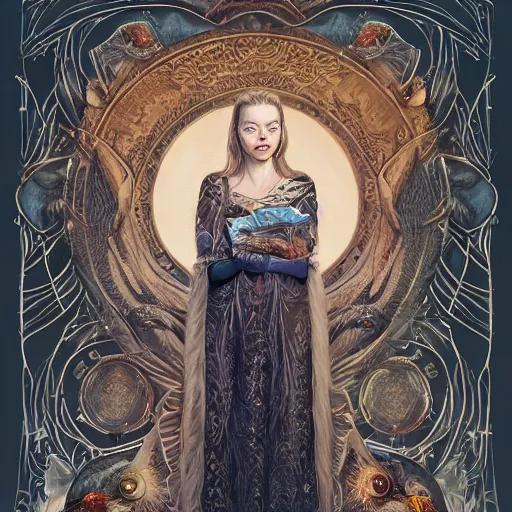 Image similar to a portrait of a older anya taylor - joy as the goddess minerva surrounded by stacks of books, owls, bioluminescent gown with deep level of detail of esoteric symbols, urban motifs, intricate, elegant, highly detailed, digital painting, trending on artstation, smooth sharp focus, illustration, art by artgerm and greg rutkowski