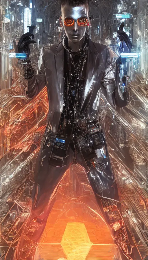 Prompt: full body head to toe portrait of a cyberpunk sci-fi cyborg netrunner bionic man, third person, D&D, sci-fi fantasy, matrix , intricate, black with shiny silver and orange fringe highlights, highly detailed, art by Range Murata, highly detailed, 3d, octane render, bright colors, digital painting, trending on artstation, sharp focus, illustration style of Stanley Artgerm, dramatic background