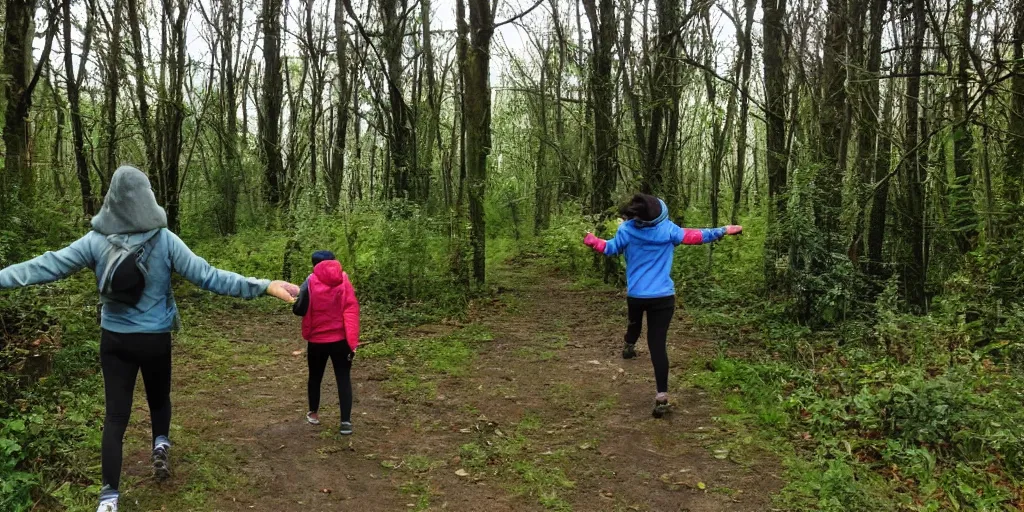 Image similar to going for a walk in the country eating leaves in the forest long arms. really long arms. very long arms, arms. drinking water from a stream