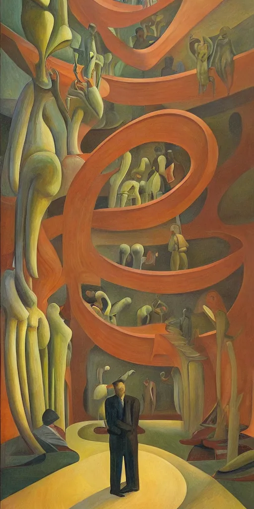 Image similar to fantastical biomorphic atrium, grant wood, pj crook, edward hopper, oil on canvas