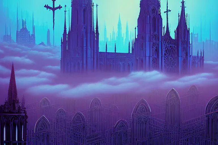 Prompt: a gothic cathedral floating above the clouds dan mumford and josan gonzalez and simon stalenhag, cyberpunk, vibrant, neon signs, high contrast, light blue sky