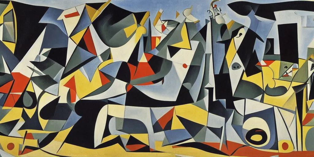 Prompt: painting of Martha's Vineyard, 1937, in the style of Pablo Picasso's 'Guernica'.