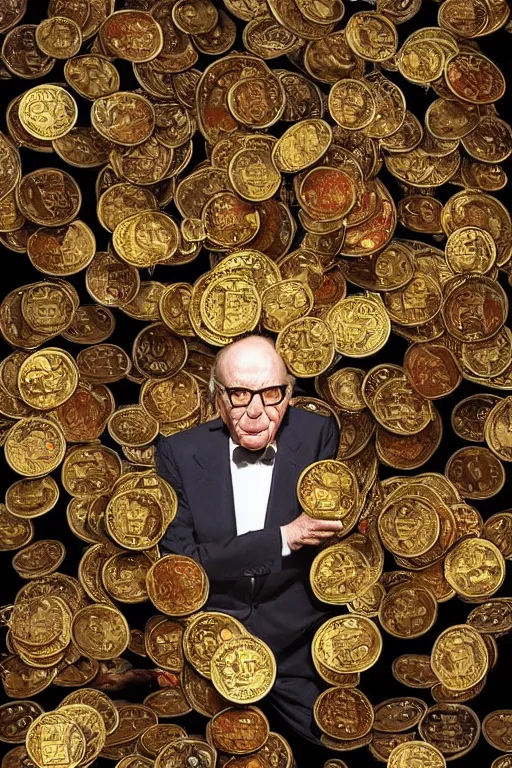 Prompt: !!! rupert murdoch!!! with!! many eyes!!, surrounded by gold coins, photorealistic, cinematic lighting, highly detailed, very intricate, by henry selick