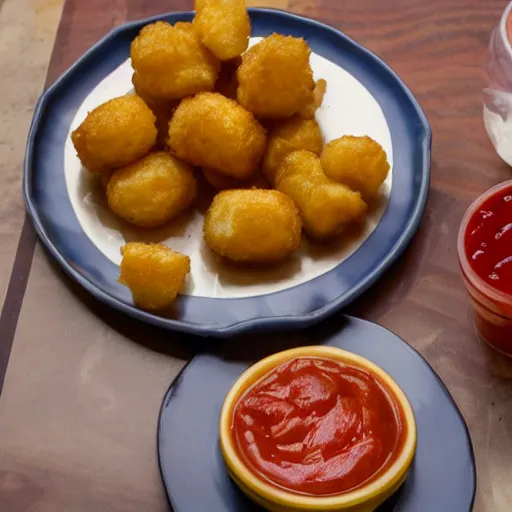 Image similar to food photo of channing tatum's face as giant tater tot on a plate with ketchup