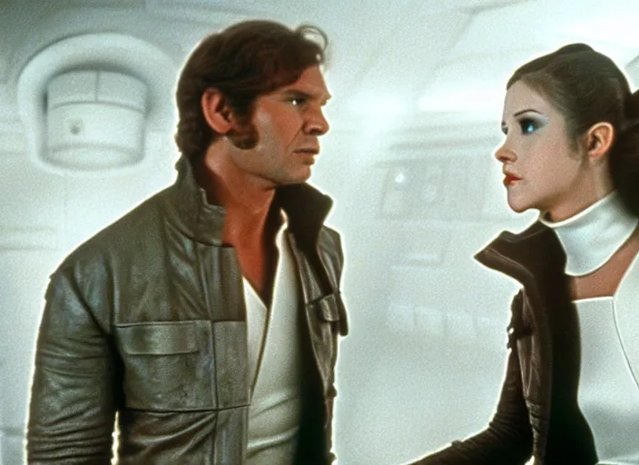 Image similar to screenshot of Han Solo dressed up as an imperial officer kissing Princess Leia Organa, iconic scene from 1970s Star Wars film directed by Stanley Kubrick, in a sci fi shipping port, last jedi, 4k HD, cinematic still frame, photoreal, beautiful portraits, moody lighting, stunning cinematography, lens flare, anamorphic lenses, kodak color film stock