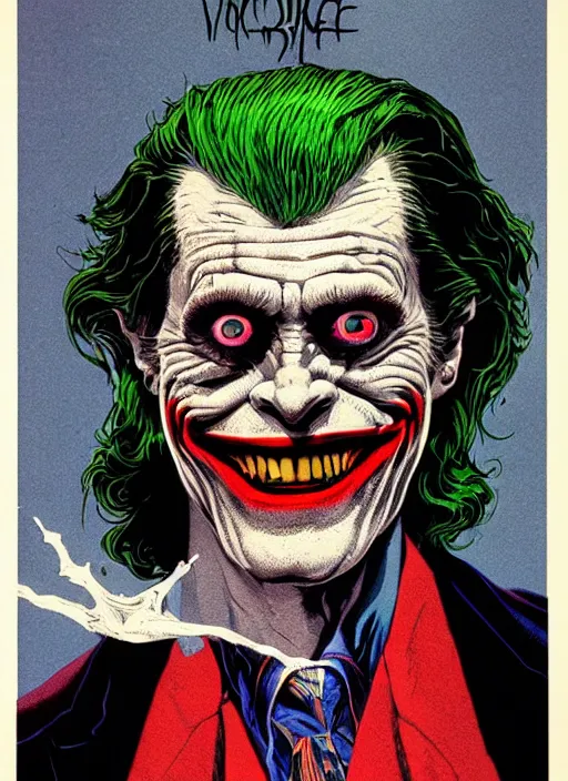 Image similar to willem dafoe as the joker, grotesque, horror, high details, intricate details, by vincent di fate, artgerm julie bell beeple, 1 9 8 0 s, inking, vintage 8 0 s print, screen print