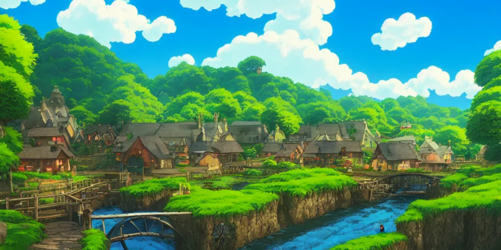 Prompt: background matte painting miyazaki ghibli miyamoto anime pixar dreamworks, full frame, vista english countryside, quaint village waterwheel stream.