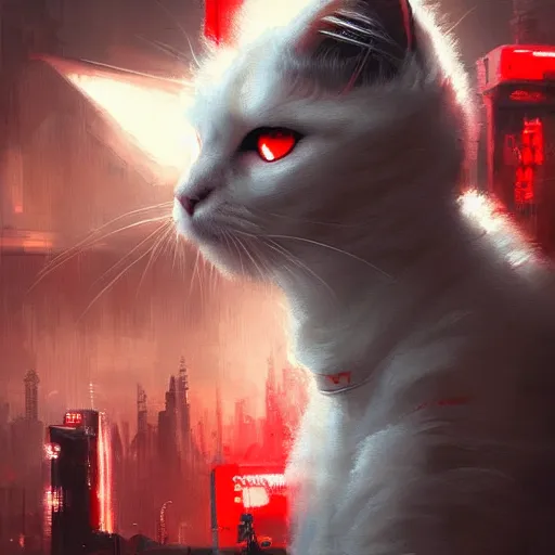 Prompt: cyberpunk white fluffy cat, red symbol, futuristic, brush strokes, oil painting, city background, greg rutkowski