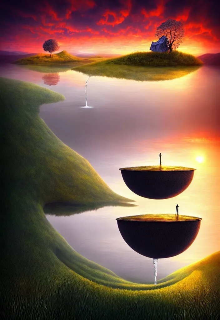 Image similar to a surreal landscape at sunset with a immense gigantic ornated iron chalice cup with a lake inside, water in excess droping by gediminas pranckevicius