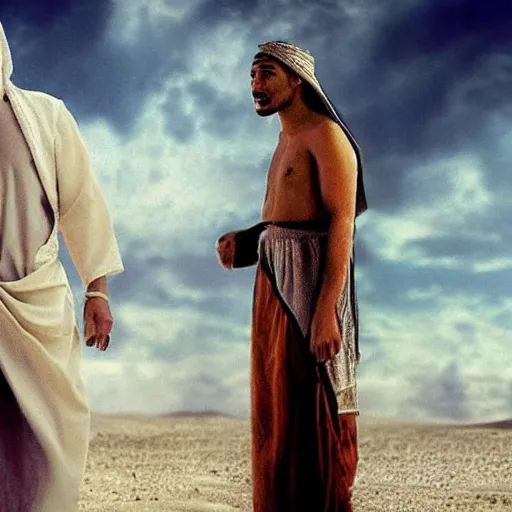 Image similar to 17 year old middle eastern skinned man in Biblical clothing standing. 10 foot tall man stands behind him. Cinematic, epic.