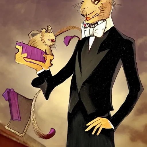 Prompt: older fantasy butler that looks similar to michael kane, full body portrait, handsome, realistic, tarot card style, balding, well dressed, pet rat on shoulder