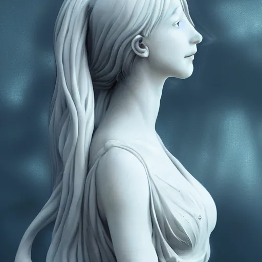 Image similar to “a delicate renaissance marble sculpture covered with water veil, highly detailed transparent marble cloth, beautiful girl with long hair, intricate, highly detailed, digital painting, artstation, official media, anime key visual, concept art, rich vivid colors, ambient lighting, sharp focus, illustration, art by Artgerm, Makoto Shinkai, Ilya Kuvshinov, Lois Van Baarle, and Rossdraws, gi, global illumination, physically based rendering, photorealistic, top light , dark background”