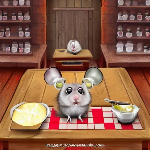 Image similar to a hamster with an evil face, in a butcher shop, holding knives in his hands. standing in front of the table. computer game. realism. magic. the tavern. front view.