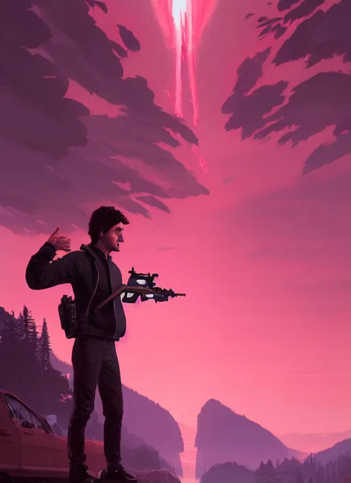 Image similar to highly detailed portrait justin trudeau in ( ( fuschia hoody ) ) holding ar - 1 5! in gta v stephen bliss unreal engine fantasy art by greg rutkowski loish rhads ferdinand knab makoto shinkai lois van baarle ilya kuvshinov rossdraws tom bagshaw global illumination radiant light detailed intricate environment