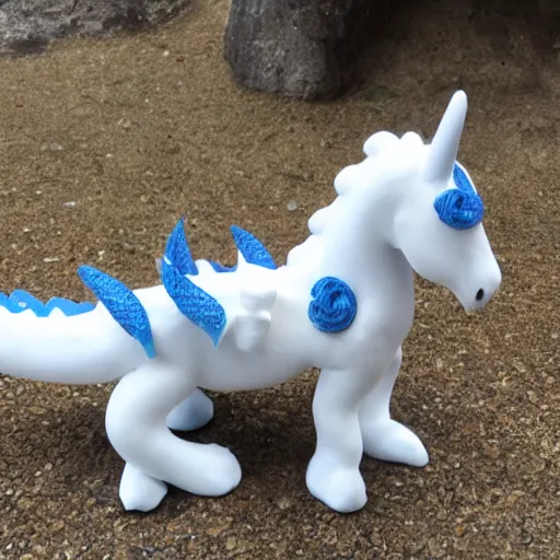 Image similar to white dragon with a blue neck mane, 2 grey horns from a 3/4ths angle