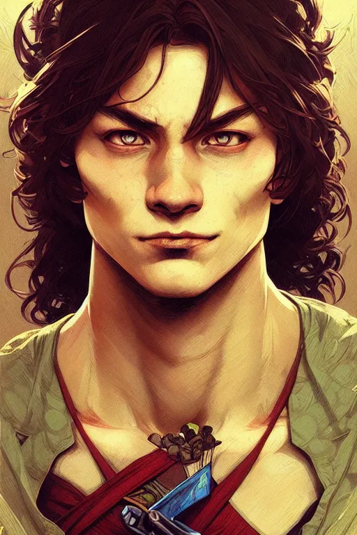 Image similar to a portrait of leonardo ( teenage mutant ninja turtles ), fantasy, sharp focus, intricate, elegant, digital painting, artstation, matte, highly detailed, concept art, illustration, ambient lighting, art by ilya kuvshinov, artgerm, alphonse mucha, and greg rutkowski