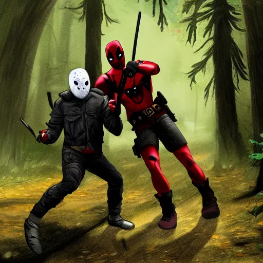 Image similar to jason voorhees fighting with deadpool in the woods digital art 4 k detailed super realistic