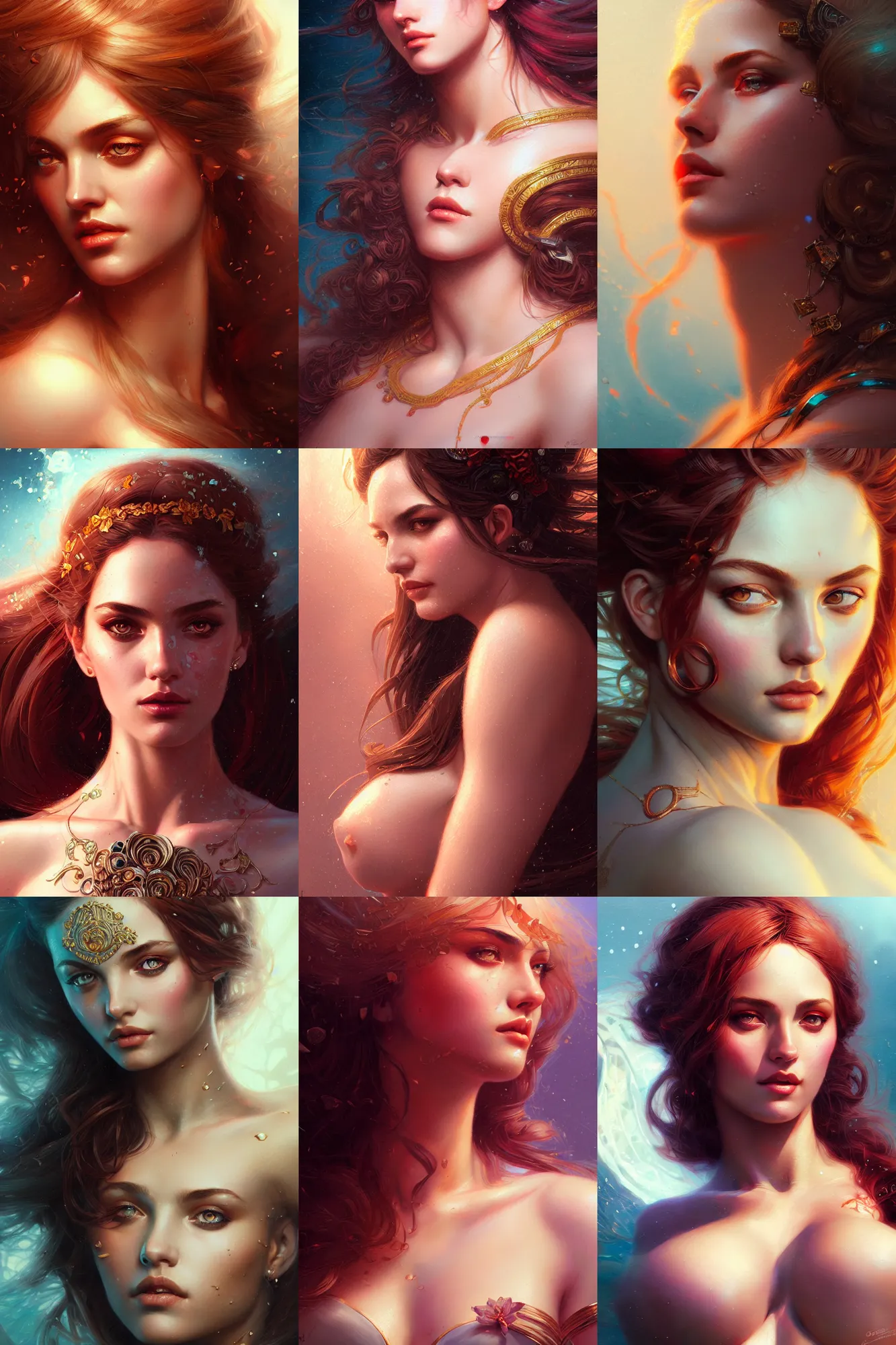 Prompt: medium close - up shot, lomography portrait of a seductive and powerful aphrodite, detailed intricate illustration, detailed illustration, hd, 4 k, digital art, overdetailed art, by greg rutkowski, by loish, complementing colors, trending on artstation, deviantart