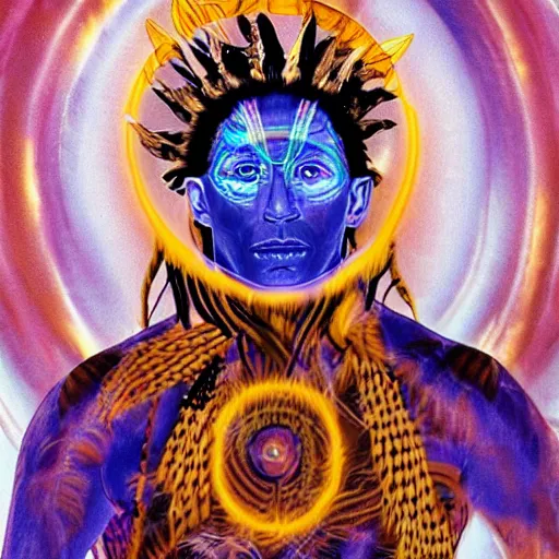 Image similar to amazonian shaman entering a visionary state and traveling in his astral body to hyperspace