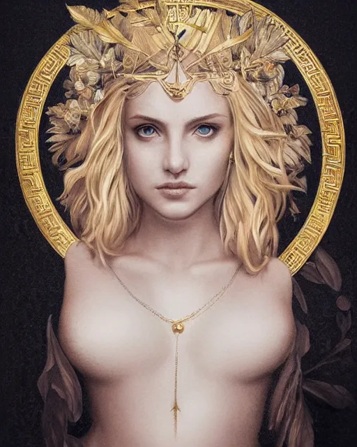 Image similar to front view of beautiful aphrodite greek goddess wearing a gold laurel wreath and triangle earrings, hyper - realistic tattoo sketch, beautiful piercing eyes with sharp pupils, beautiful blonde hair, in the style of greg rutkowski, fantasy, amazing detail, epic, elegant, smooth, sharp focus