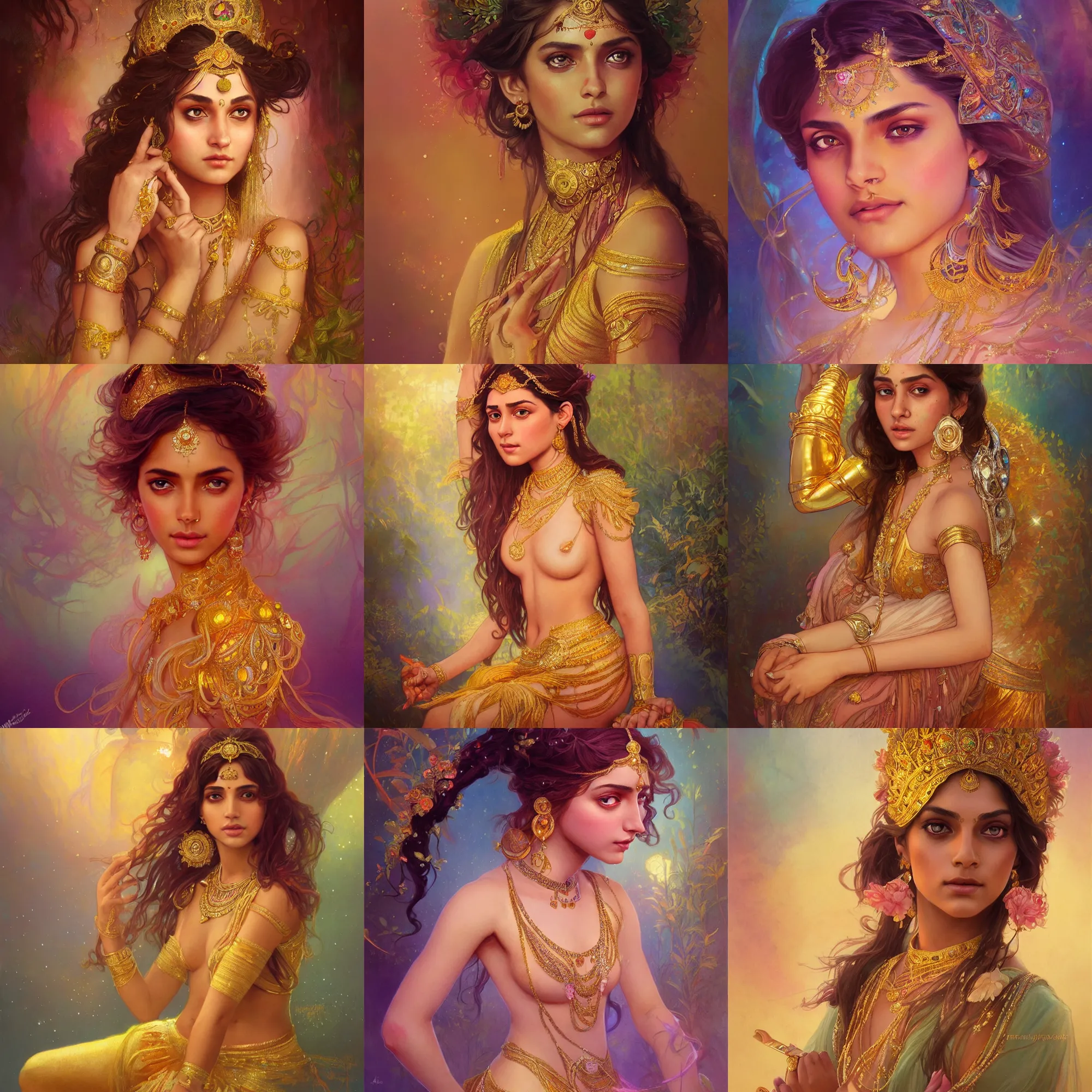 Prompt: beautiful alluring indian princess with sparkling eyes, full body portrait, highly detailed, gold body paint, fantasy, soft cinematic lighting, award, disney concept art, watercolor illustration by mandy jurgens and alphonse mucha and alena aenami, pastel color palette, featured on artstation