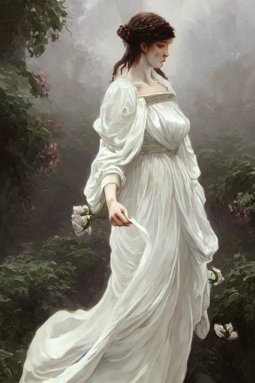 Image similar to woman dressed in a vaporous wrapped large victorian white roses silk dress fashion, D&D, fantasy, intricate, elegant, highly detailed, digital painting, artstation, concept art, matte, sharp focus, illustration, art by Artgerm and Greg Rutkowski and Alphonse Mucha