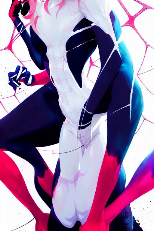 Image similar to a ultradetailed painting of spider gwen by conrad roset, greg rutkowski and makoto shinkai trending on artstation