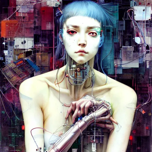 Image similar to young woman cyberpunk dreaming, wires cybernetic implants, in the style of adrian ghenie, esao andrews, jenny saville,, surrealism, dark art by james jean, takato yamamoto